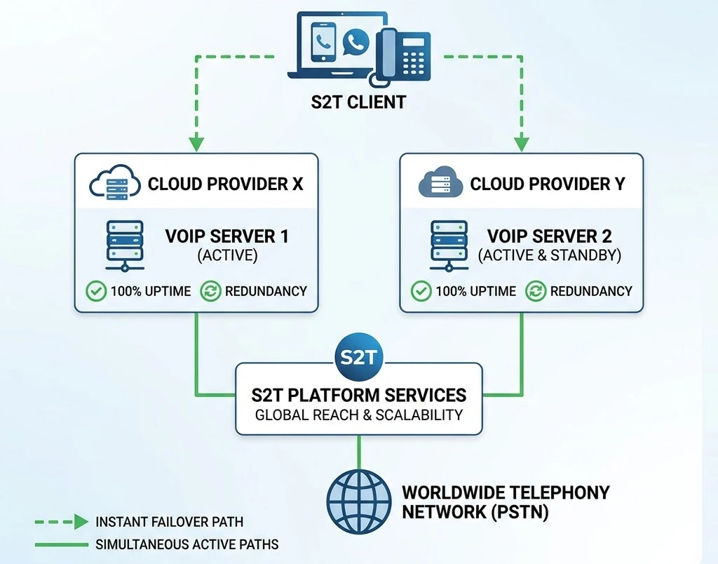 Sch&eacute;ma de la redondance multi-cloud active-active de Groupe S2T assurant la haute disponibilit&eacute; VoIP.